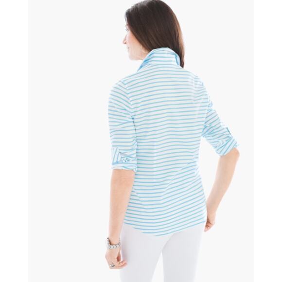 Chico's Shirt 1 M No Iron Box Striped Long Sleeve Button‎ Down Cotton Blue White - Picture 2 of 15